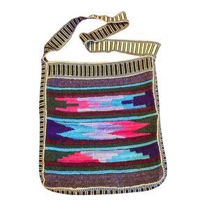 Vintage Wool Sarape Blanket Shoulder Bag Boho Vibrant Ecuador Zipper‎ Closure